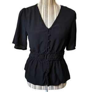 Alya Peplum Top Medium Black Button-Down Short Sleeves Viscose Elasticized Waist